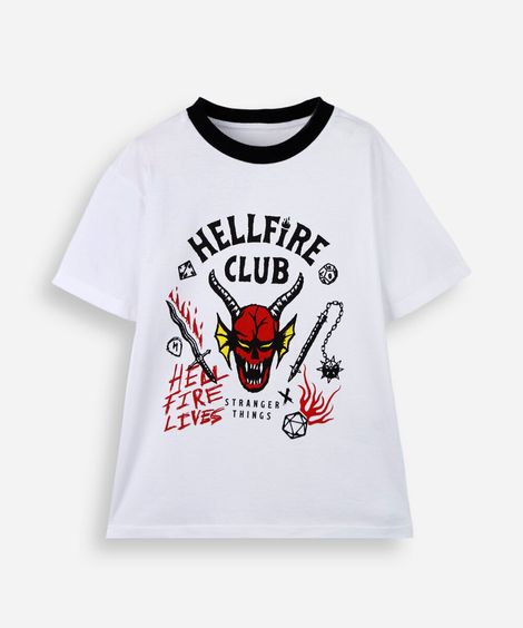 camiseta infantil de algodão hellfire stranger things off white