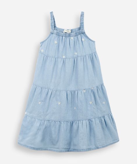 vestido marias infantil jeans com bordado floral azul