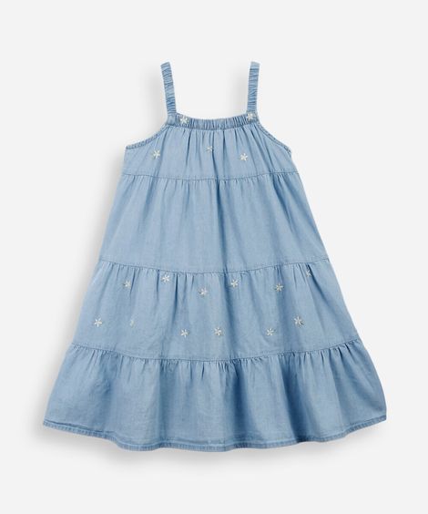 vestido marias infantil jeans com bordado floral azul