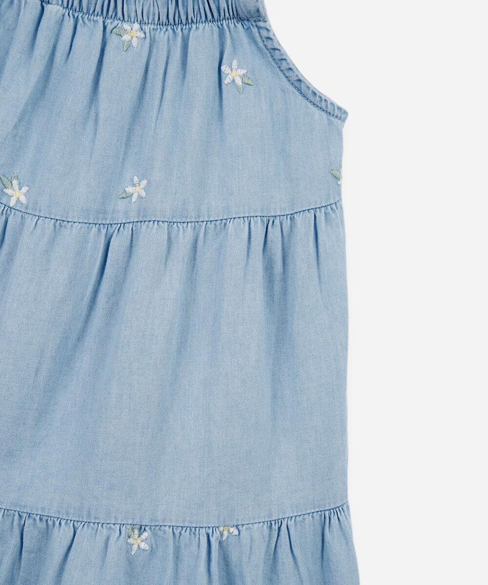 vestido marias infantil jeans com bordado floral azul
