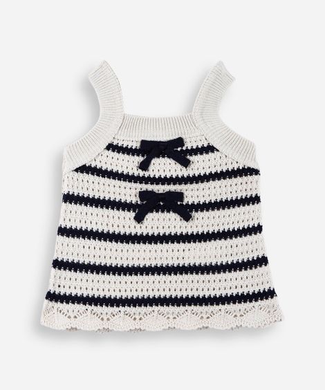 blusa infantil de tricô com laços listrada bege