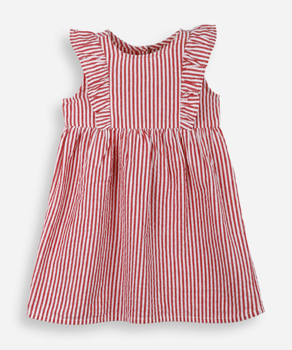 vestido infantil listrado texturizado vermelho