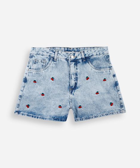 short infantil mom jeans bordado cereja azul