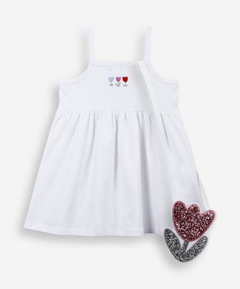 vestido infantil em malha de algodão com bolsa flor off white