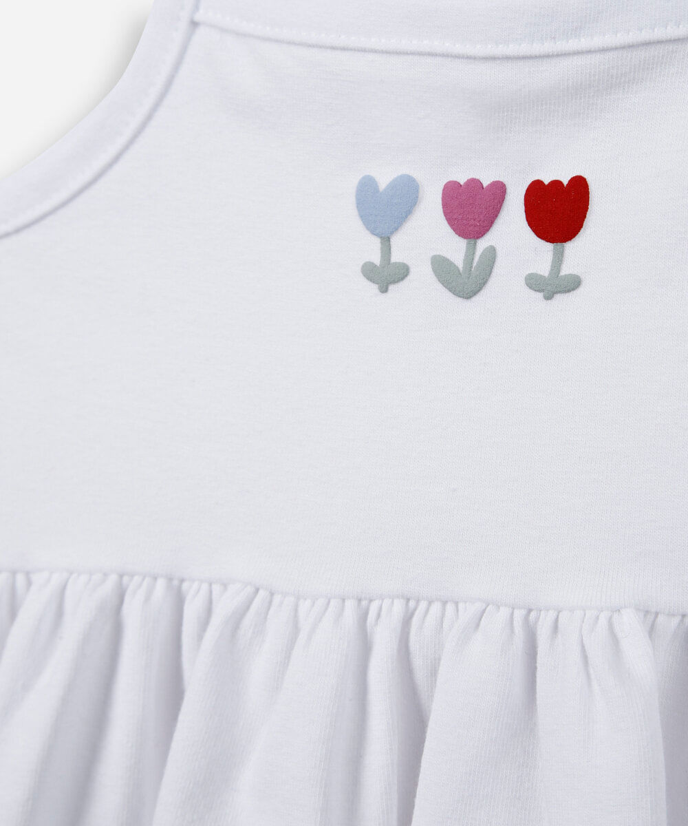vestido infantil em malha de algodão com bolsa flor off white