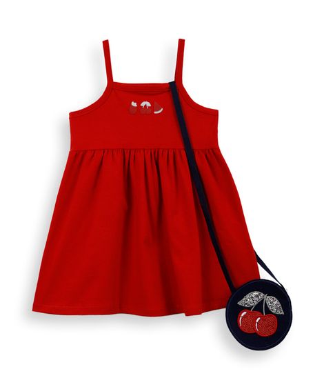 vestido infantil em malha de algodão com bolsa vermelha