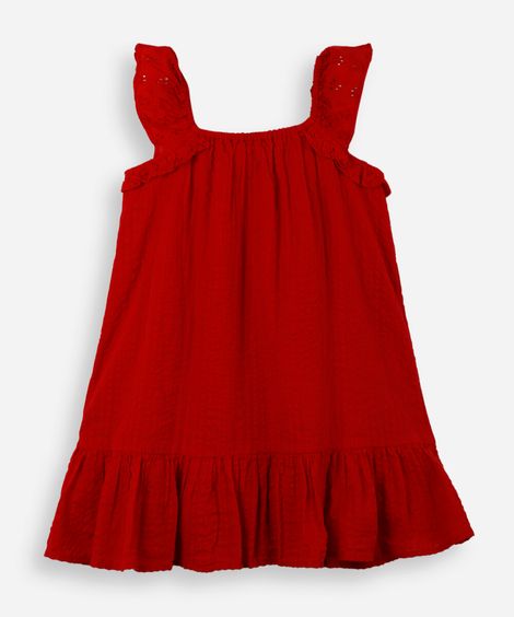 vestido infantil com manga em laise vermelho