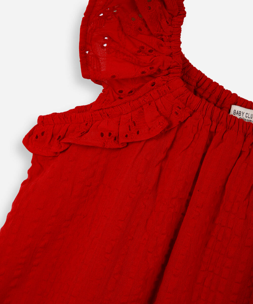vestido infantil com manga em laise vermelho