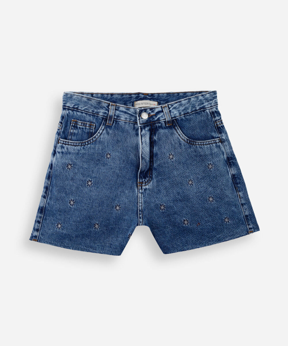 short juvenil mom jeans bordado estrela azul
