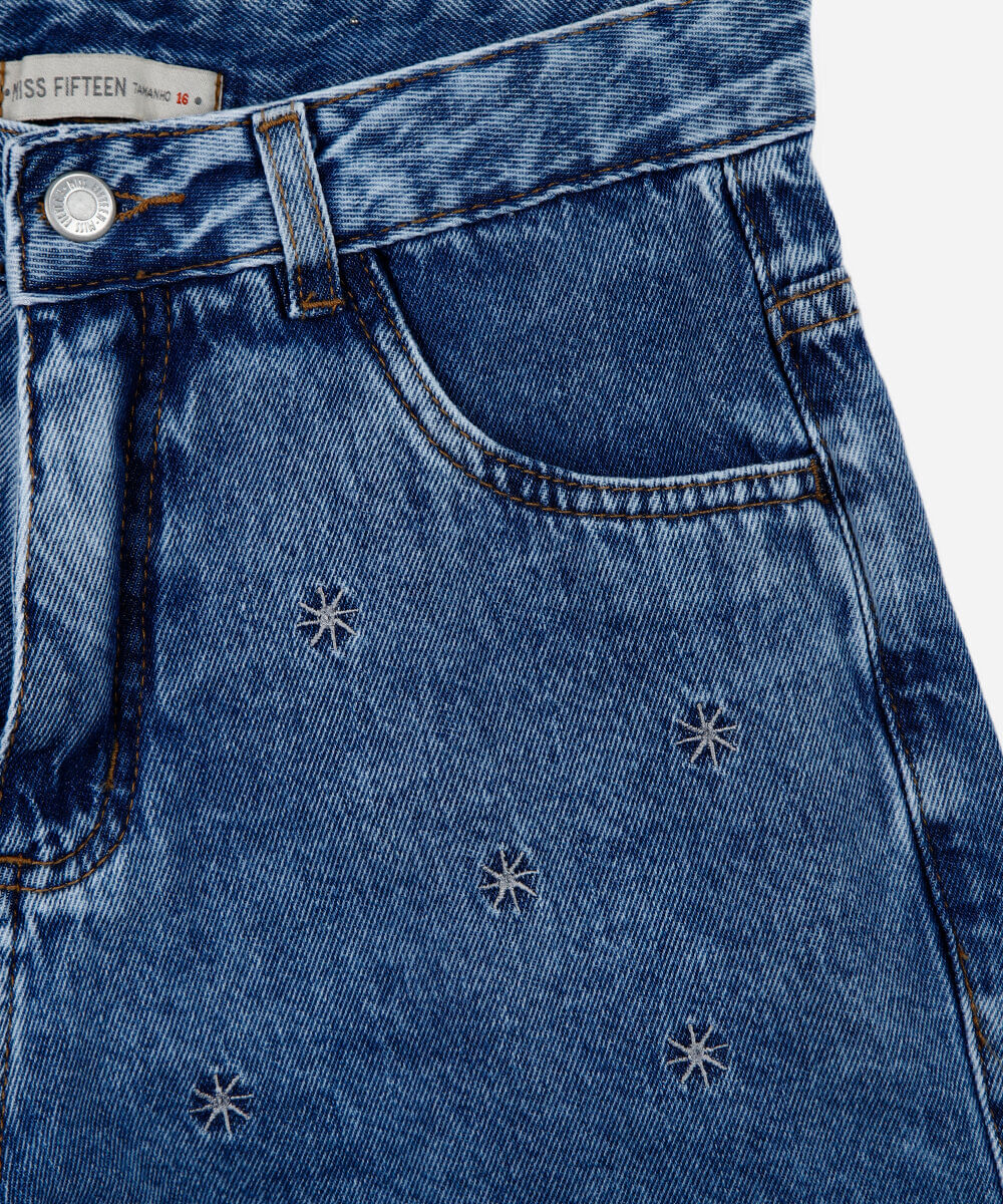 short juvenil mom jeans bordado estrela azul