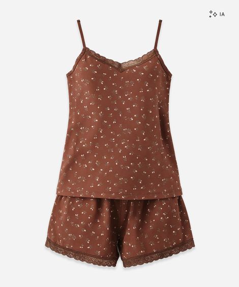 pijama short doll feminino floral marrom