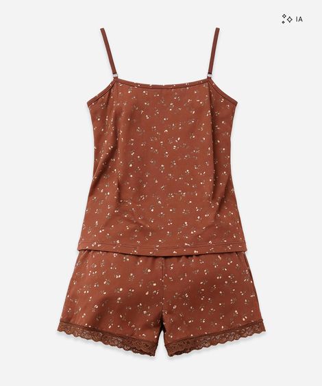 pijama short doll feminino floral marrom