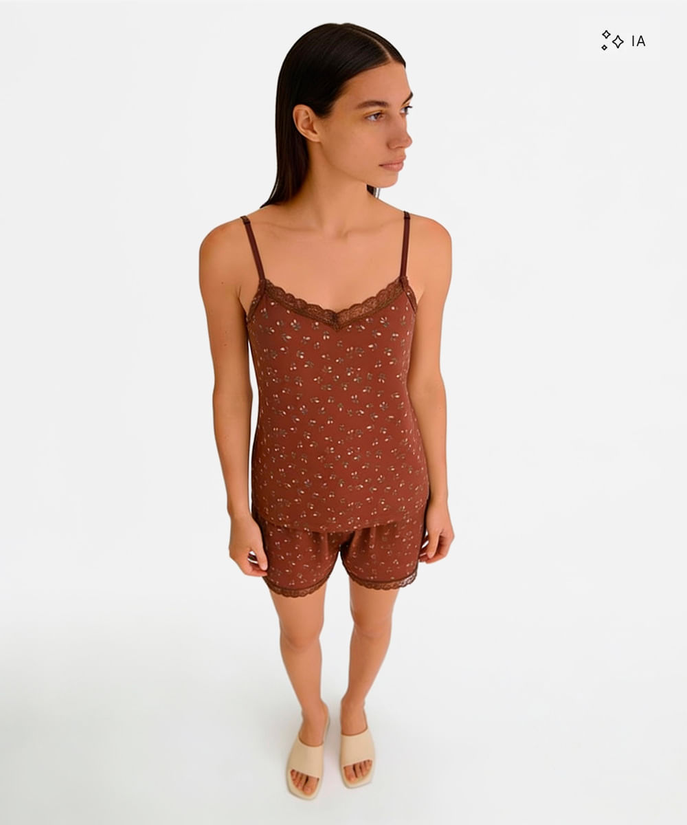 pijama short doll feminino floral marrom