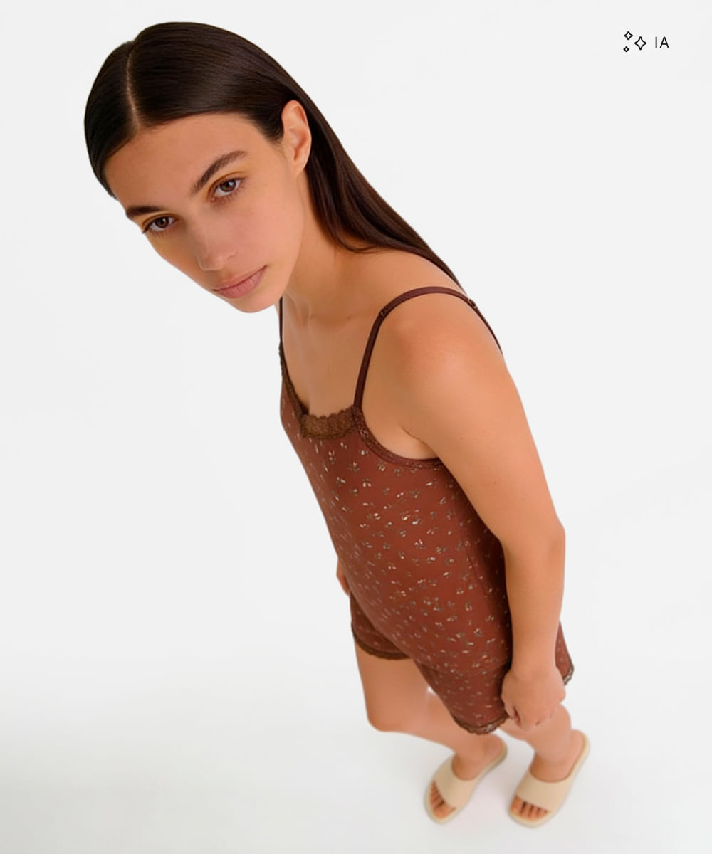 pijama short doll feminino floral marrom