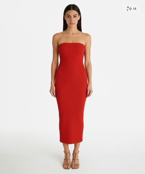 vestido midi sem alça canelado feminino de algodão vermelho
