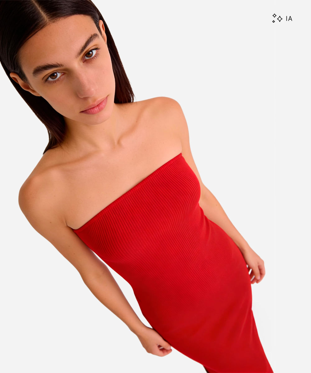 vestido midi sem alça canelado feminino de algodão vermelho