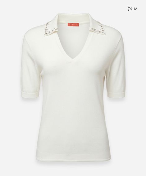 polo feminina de tricot manga curta com aplicações na gola off white