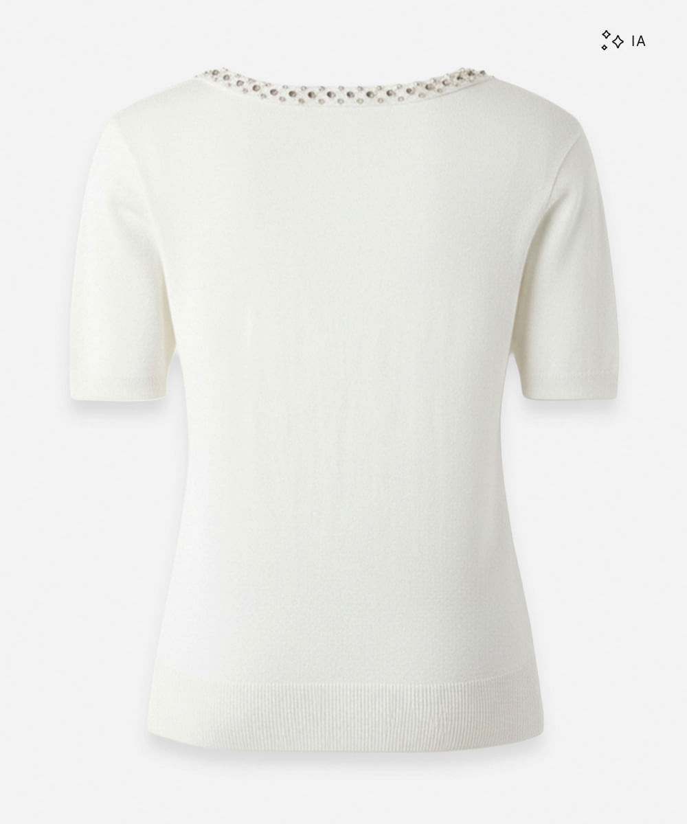 polo feminina de tricot manga curta com aplicações na gola off white