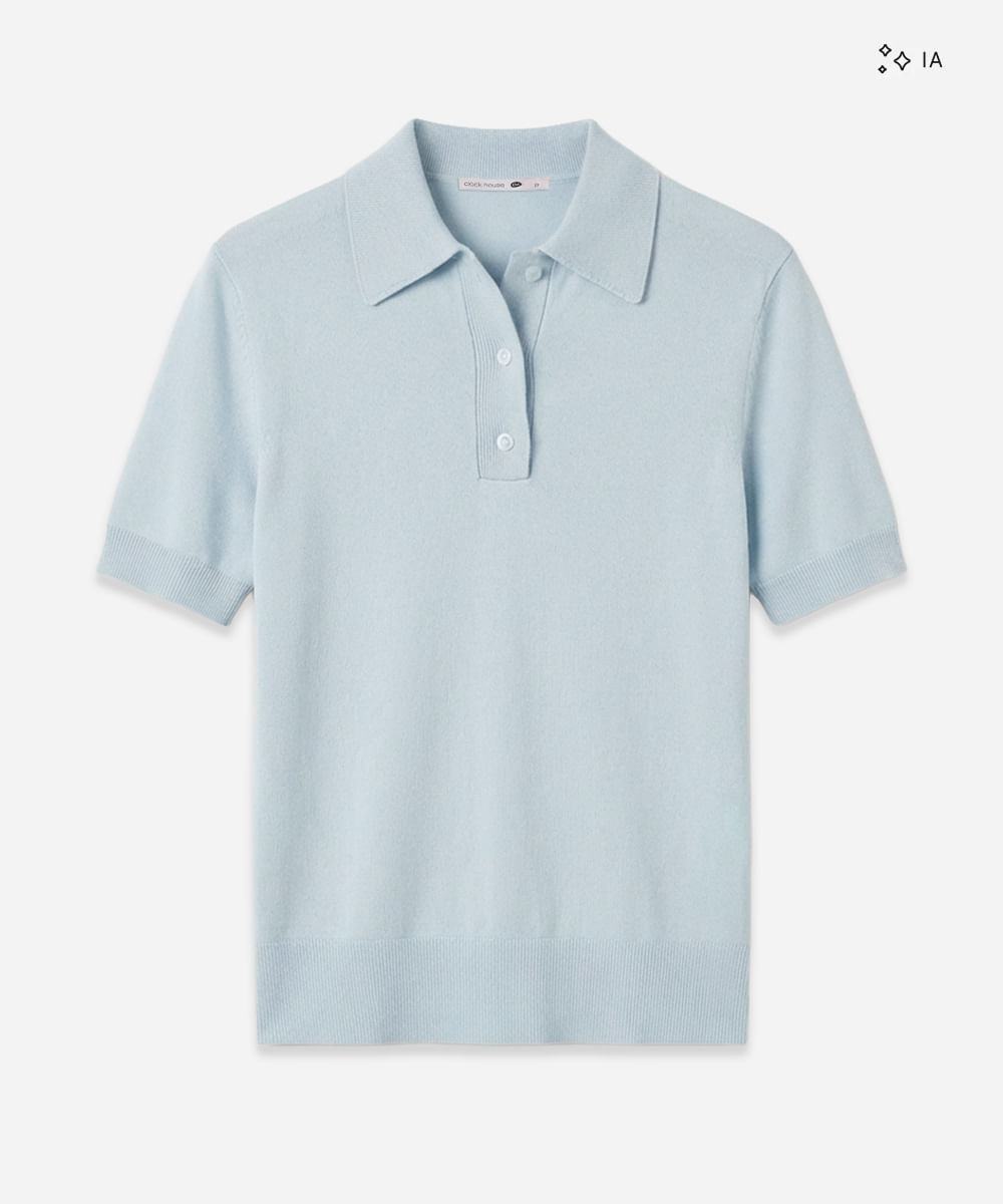 polo feminina de tricot manga curta azul