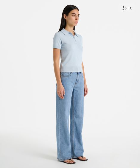 polo feminina de tricot manga curta azul