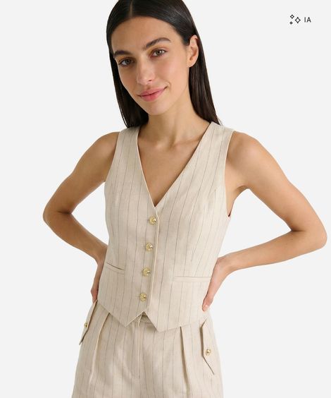 colete feminino de alfaiataria com linho risca de giz bege