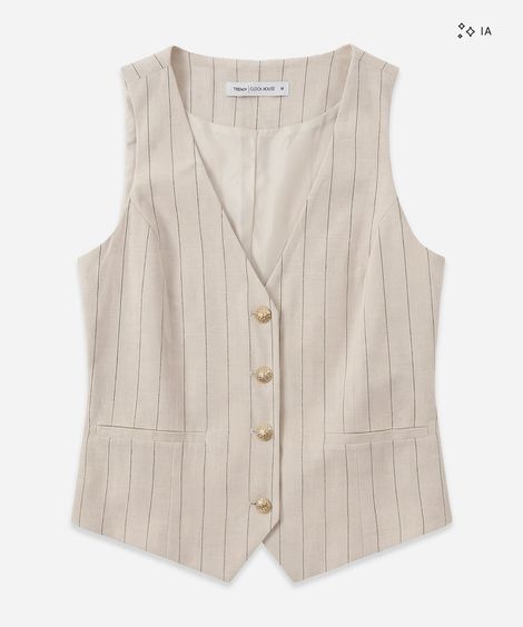 colete feminino de alfaiataria com linho risca de giz bege