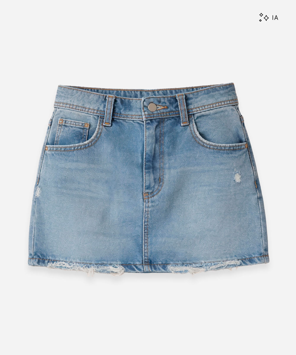 minissaia feminina jeans barra desfiada azul