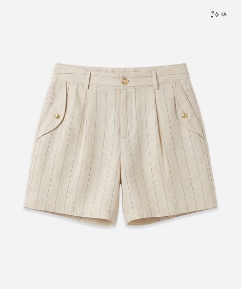 short feminino alfaiataria linho botões risca de giz bege