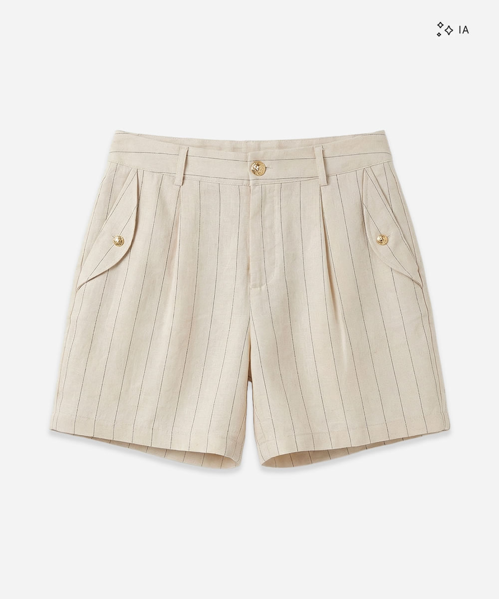 short feminino alfaiataria linho botões risca de giz bege