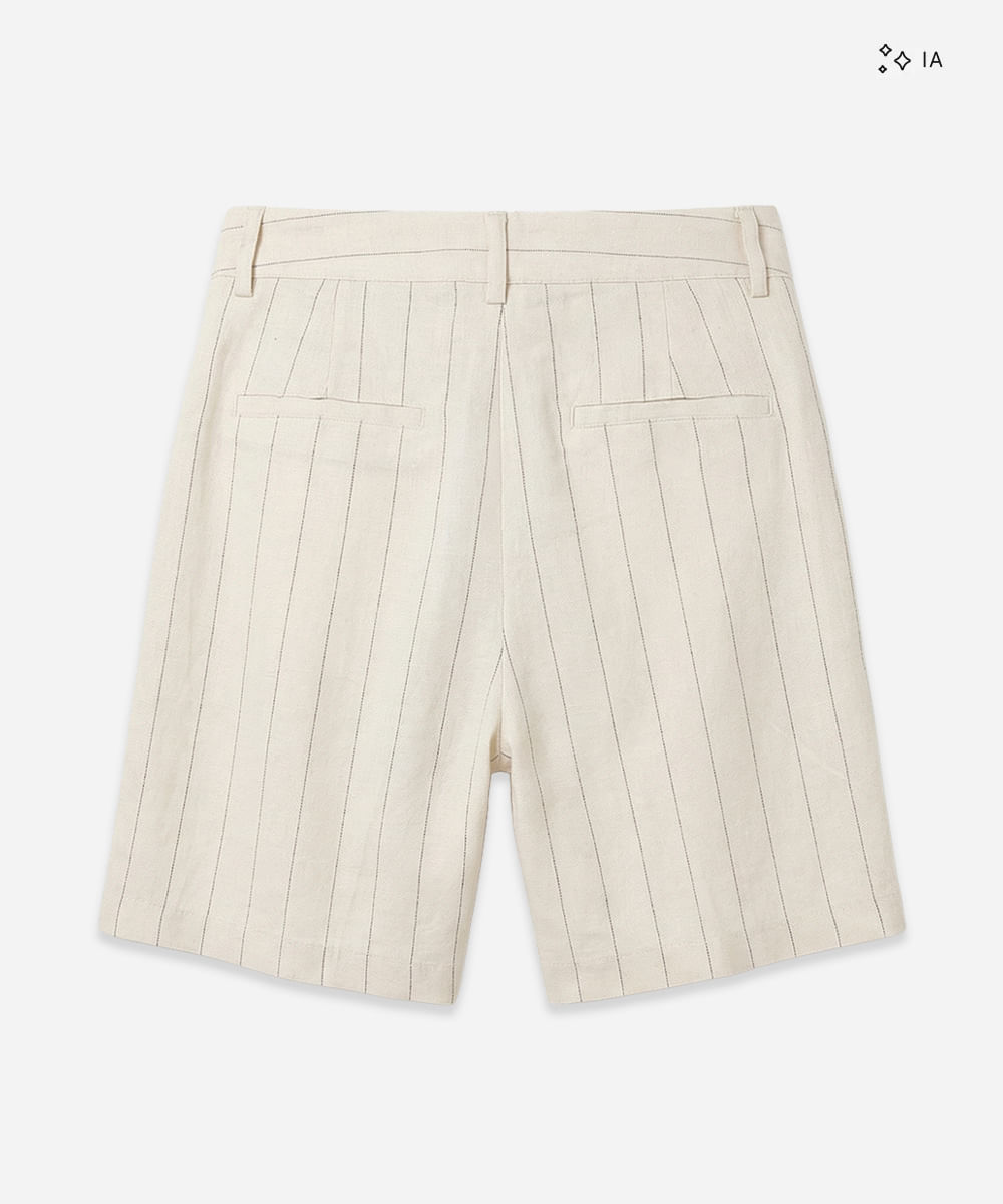 short feminino alfaiataria linho botões risca de giz bege