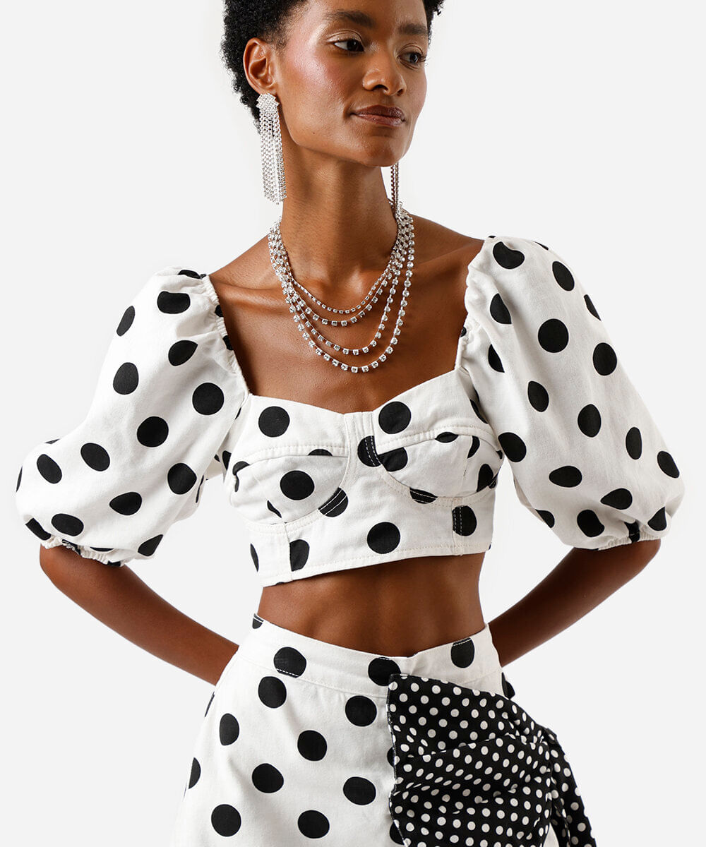 cropped feminino de sarja manga bufante poá colorido