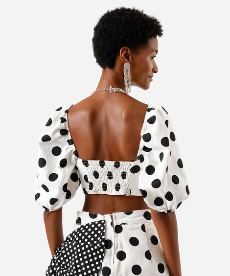 cropped feminino de sarja manga bufante poá colorido