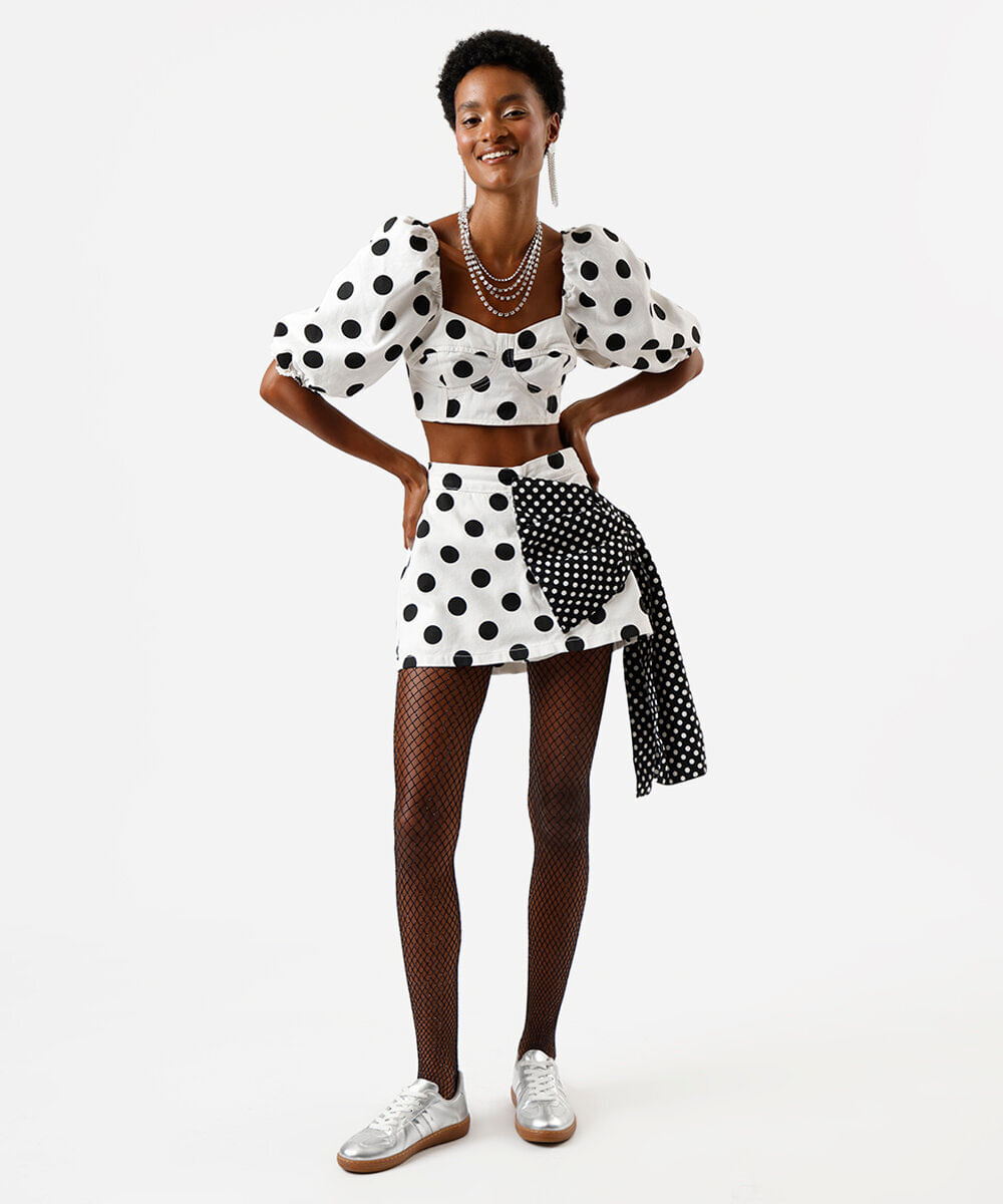 cropped feminino de sarja manga bufante poá colorido