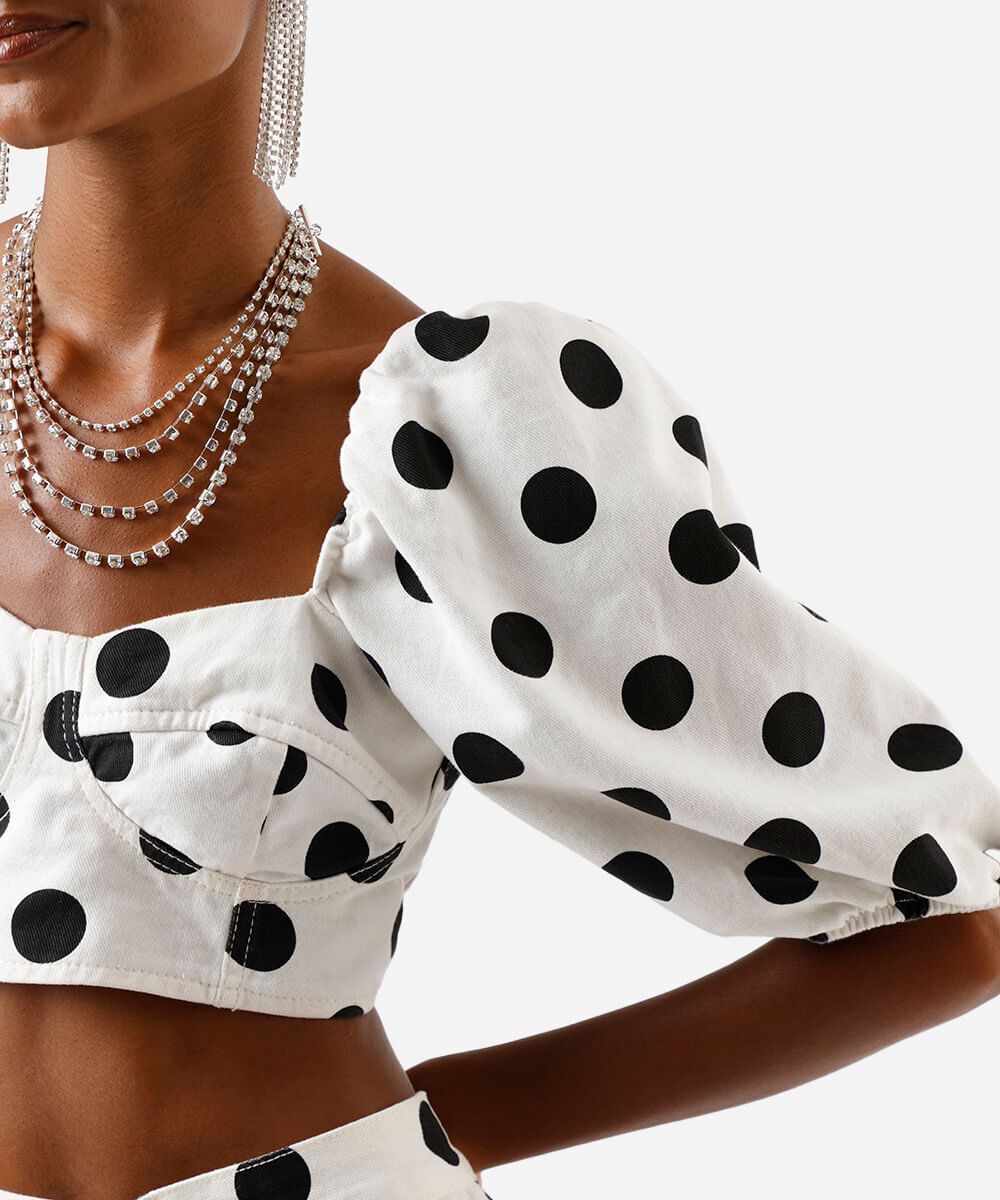 cropped feminino de sarja manga bufante poá colorido