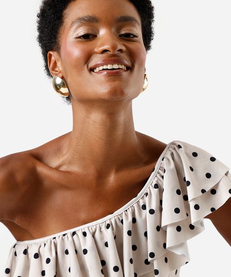 maiô ombro único feminino com babados poá bege