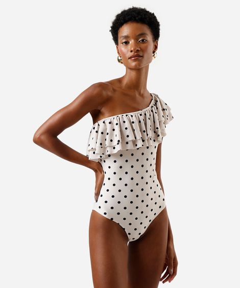 maiô ombro único feminino com babados poá bege