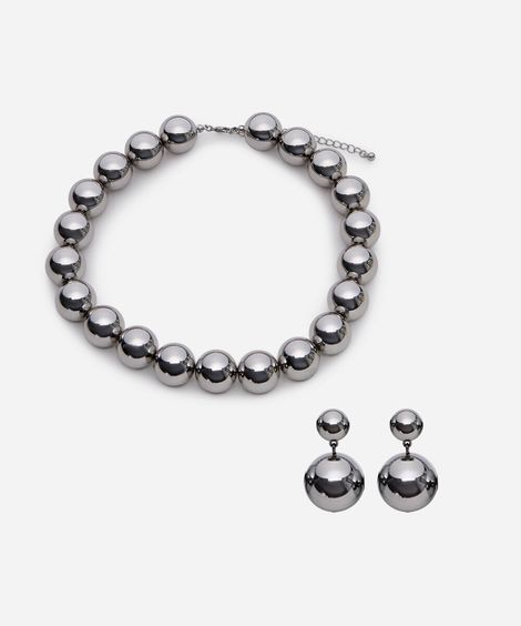 kit de colar e brinco com pérolas prateado