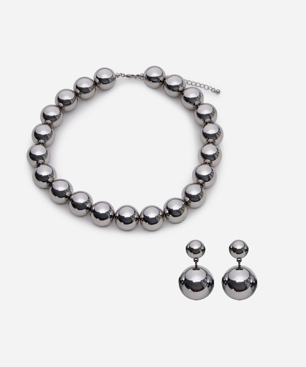 kit de colar e brinco com pérolas prateado