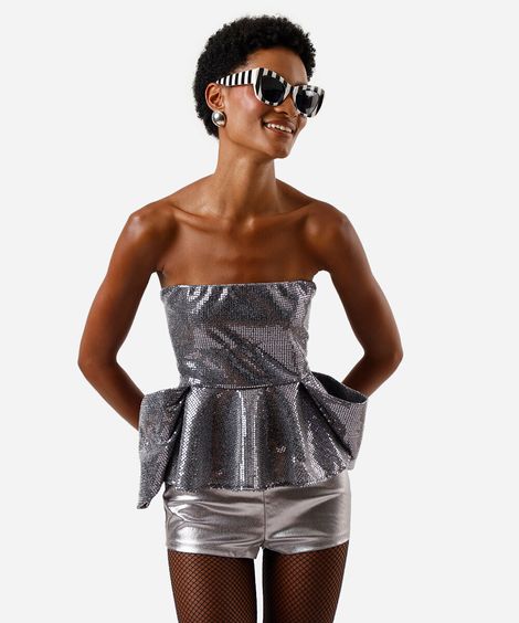 blusa peplum feminina de paetê sem alça prateada