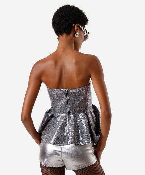 blusa peplum feminina de paetê sem alça prateada