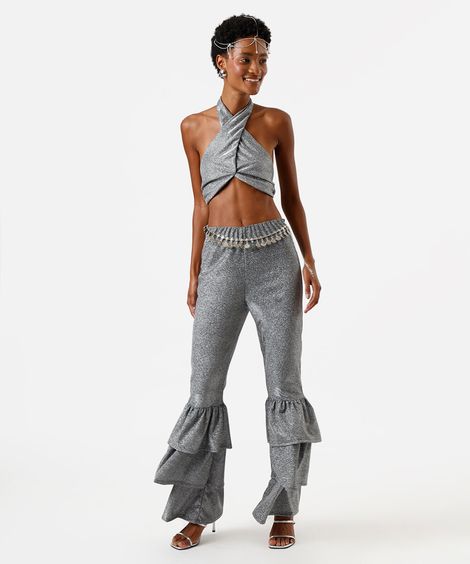 calça flare feminina com babados e brilhos prateada