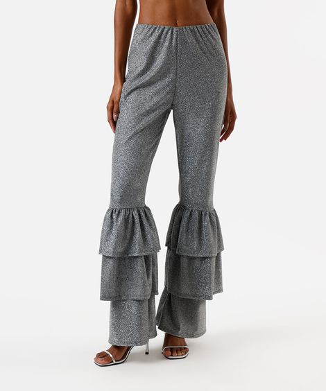 calça flare feminina com babados e brilhos prateada