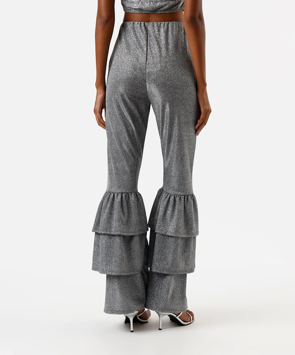 calça flare feminina com babados e brilhos prateada