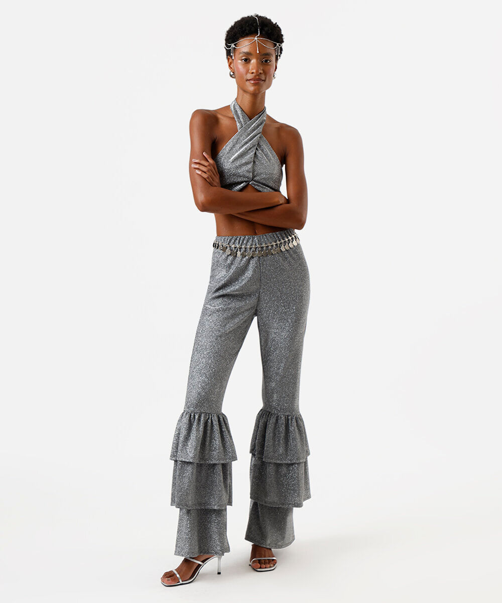 calça flare feminina com babados e brilhos prateada