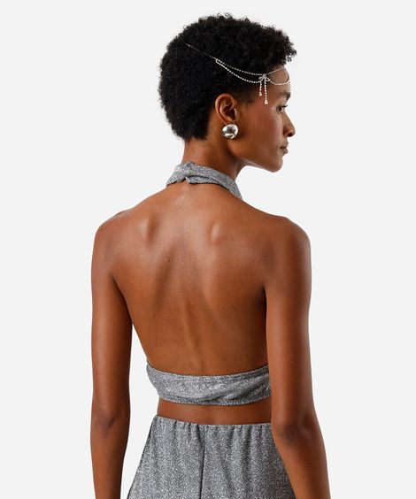 top frente única feminino transpassado com brilhos prateado