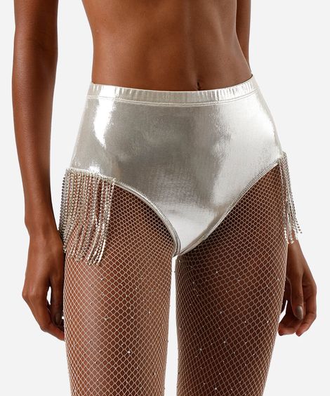 calcinha hot pant feminina com franjas e brilho metalizada prateada