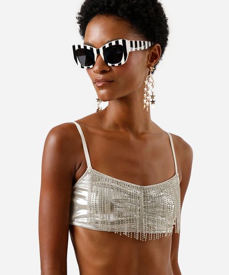 top feminino com franjas e brilhos metalizado prateado