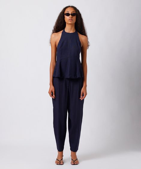 calça balloon feminina com linho mindset azul