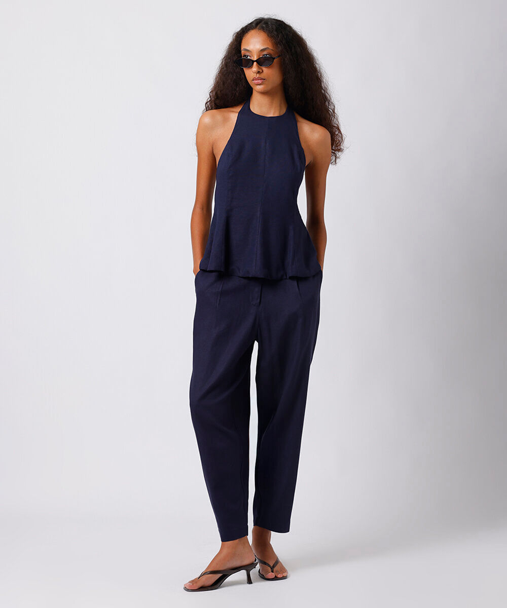 calça balloon feminina com linho mindset azul