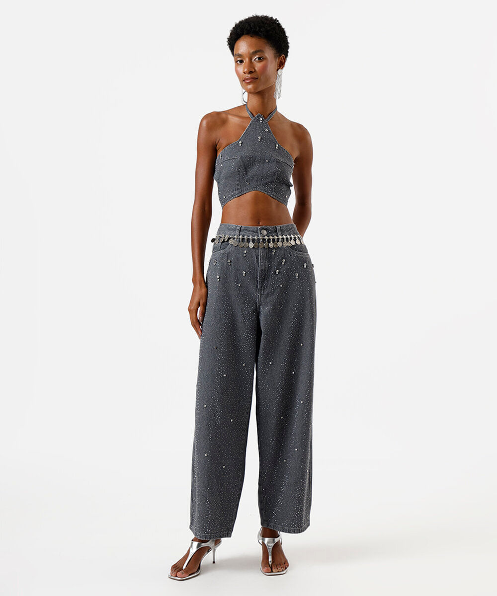 calça baggy feminina jeans com brilhos cinza